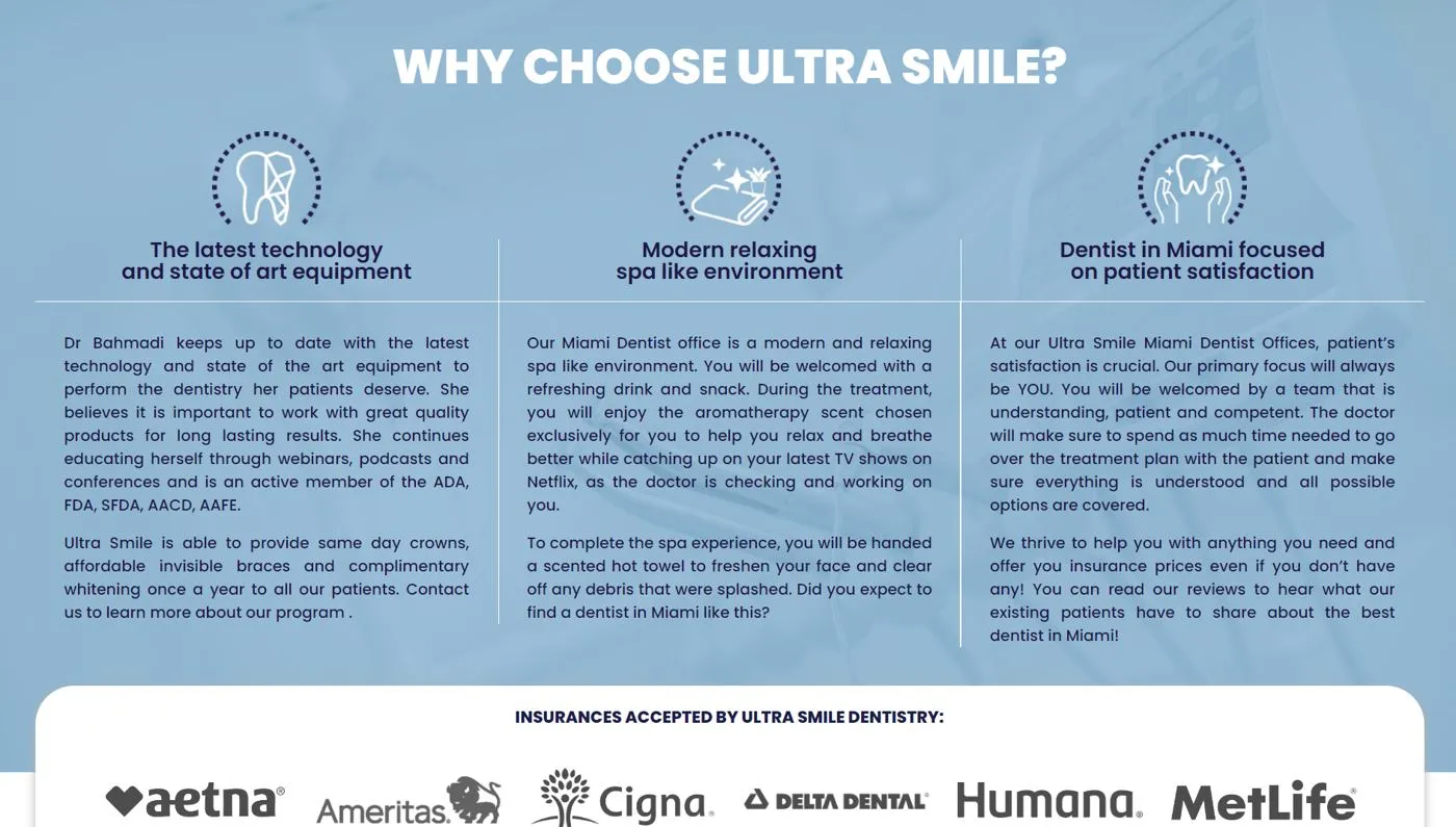 The "Why choose Ultra Smile" section of the Ultra Smile Miami website, with insurance logos