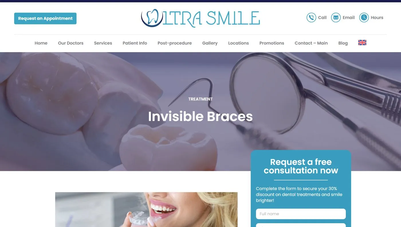 An Ultra Smile Miami treatment page for invisible braces with a consultation form