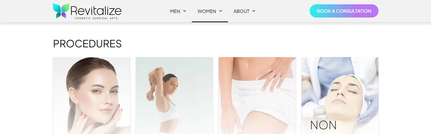 The procedures page of the Revitalize website, organized by treatment